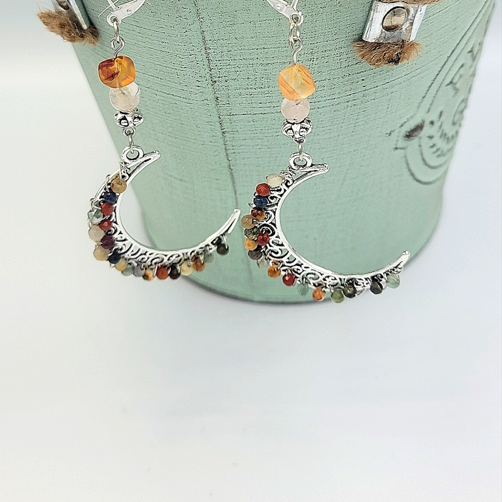Handcrafted Silver Crescent Moon Earrings With Gemstones